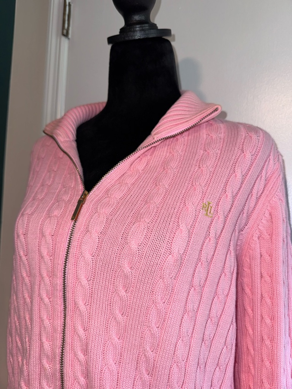 Ralph Lauren - Pink Cable Knit Zip-up Sweater with Gold Accents